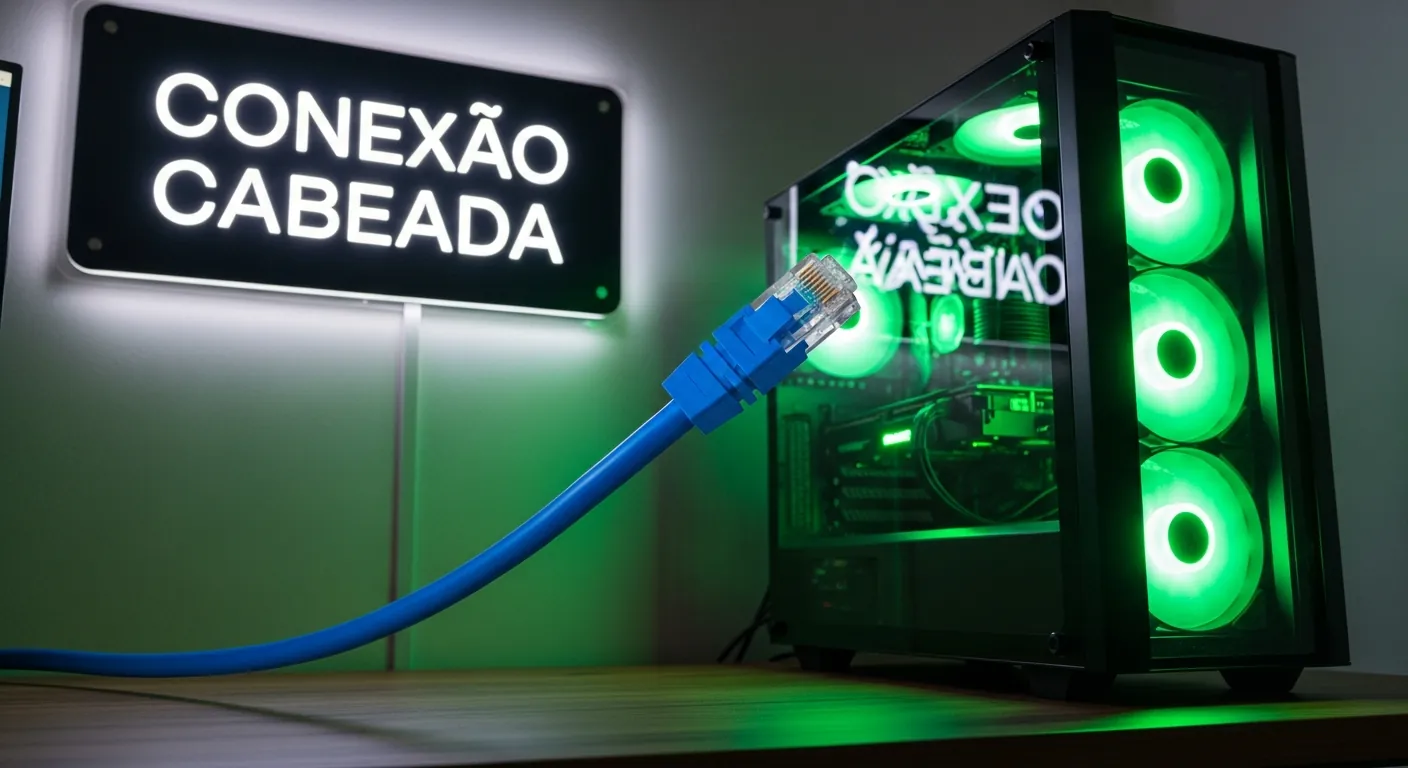 Computador gamer com cabo de rede conectado
