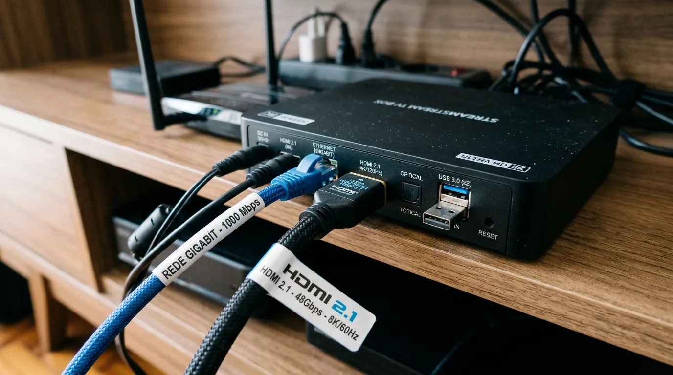 Conexões traseiras de uma TV Box certificada com HDMI e rede