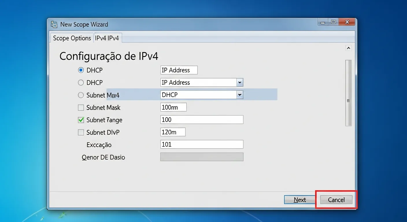 Tela de configuração do DHCP no Windows Server