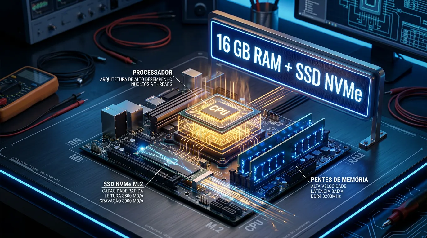 Componentes internos de hardware de notebook RAM DDR5 e SSD NVMe