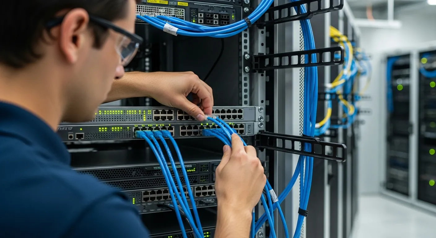 Técnico configurando switch em rede estrela