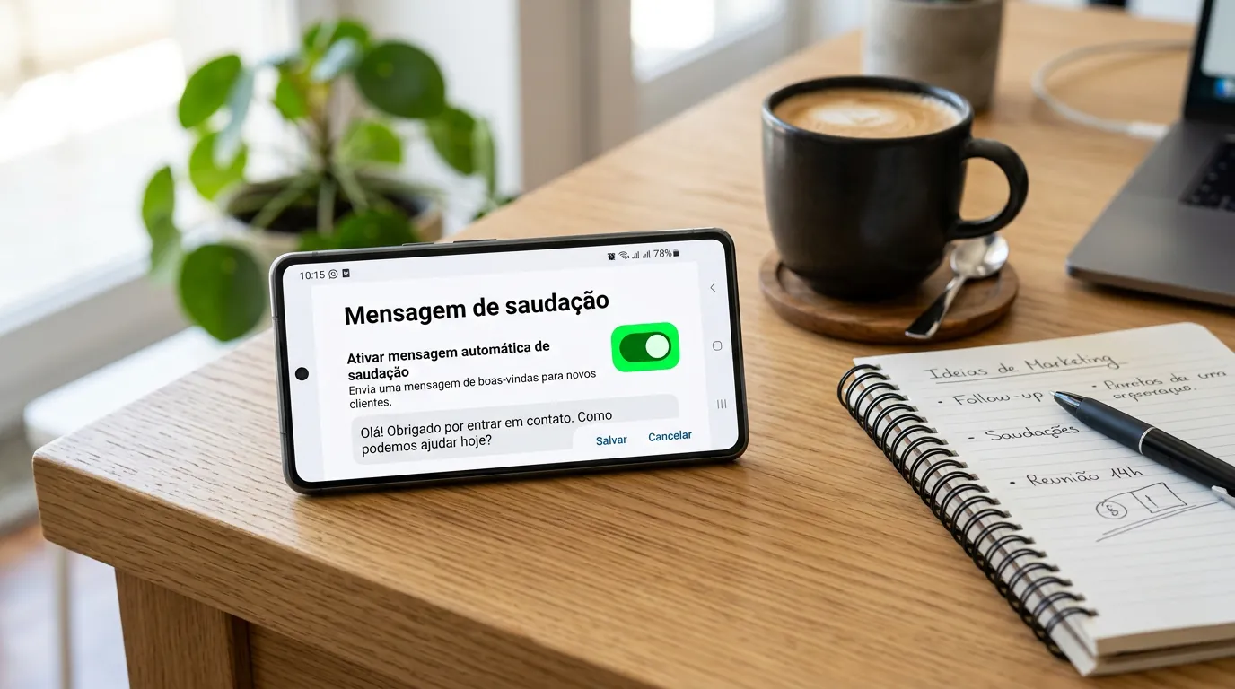 Tela de configuração de mensagem de saudação no WhatsApp Business