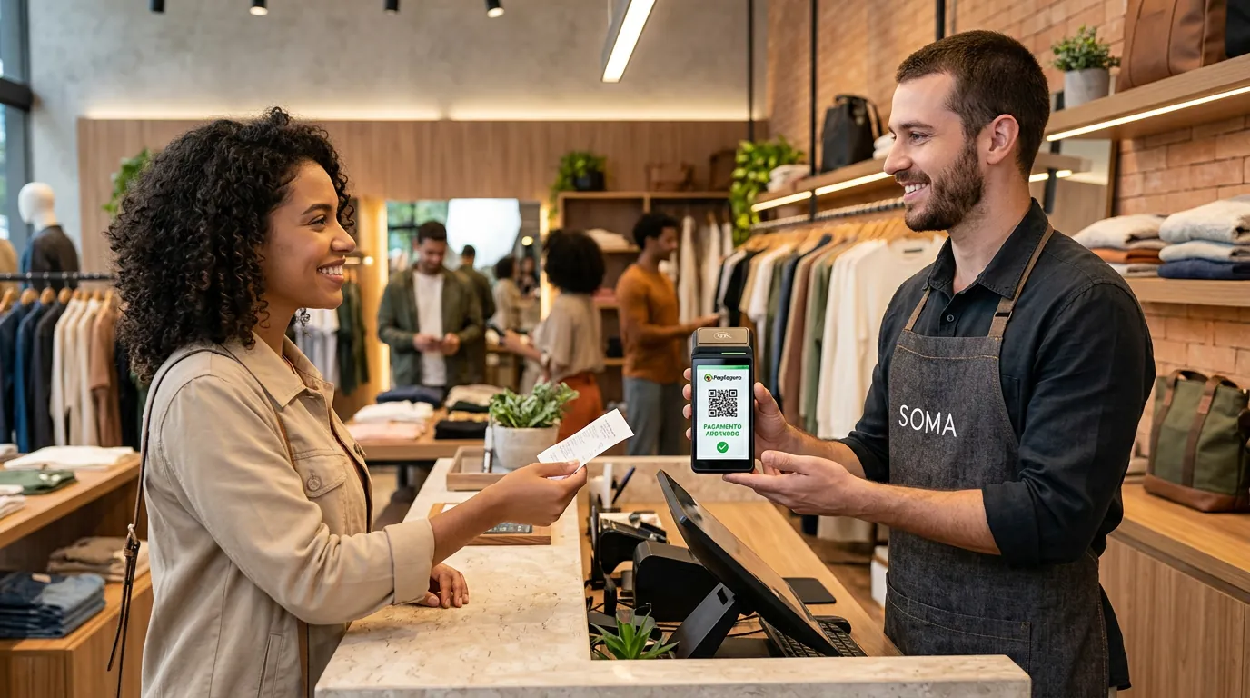 Comerciante confirmando pagamento via QR Code dinâmico na maquininha POS