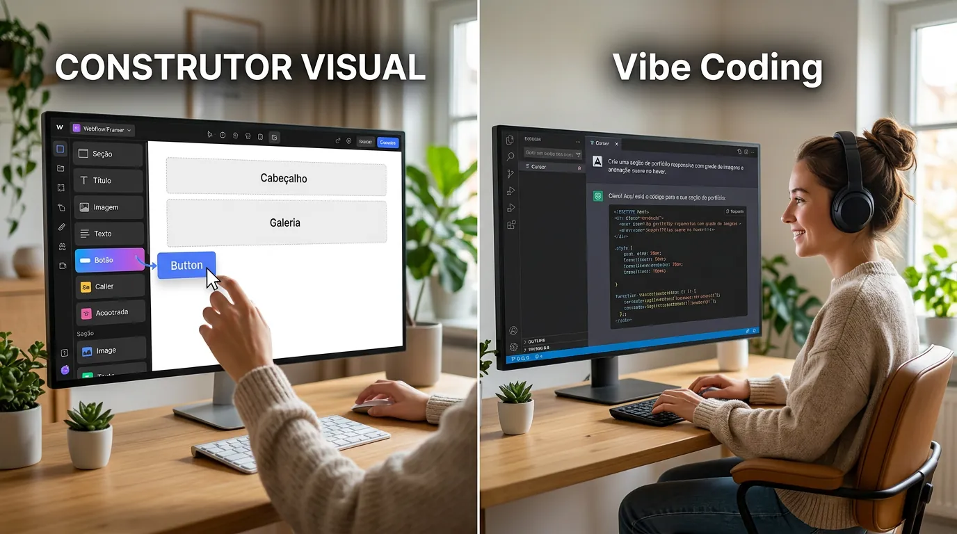 Comparação entre construtores visuais no-code e plataformas de vibe coding com IA