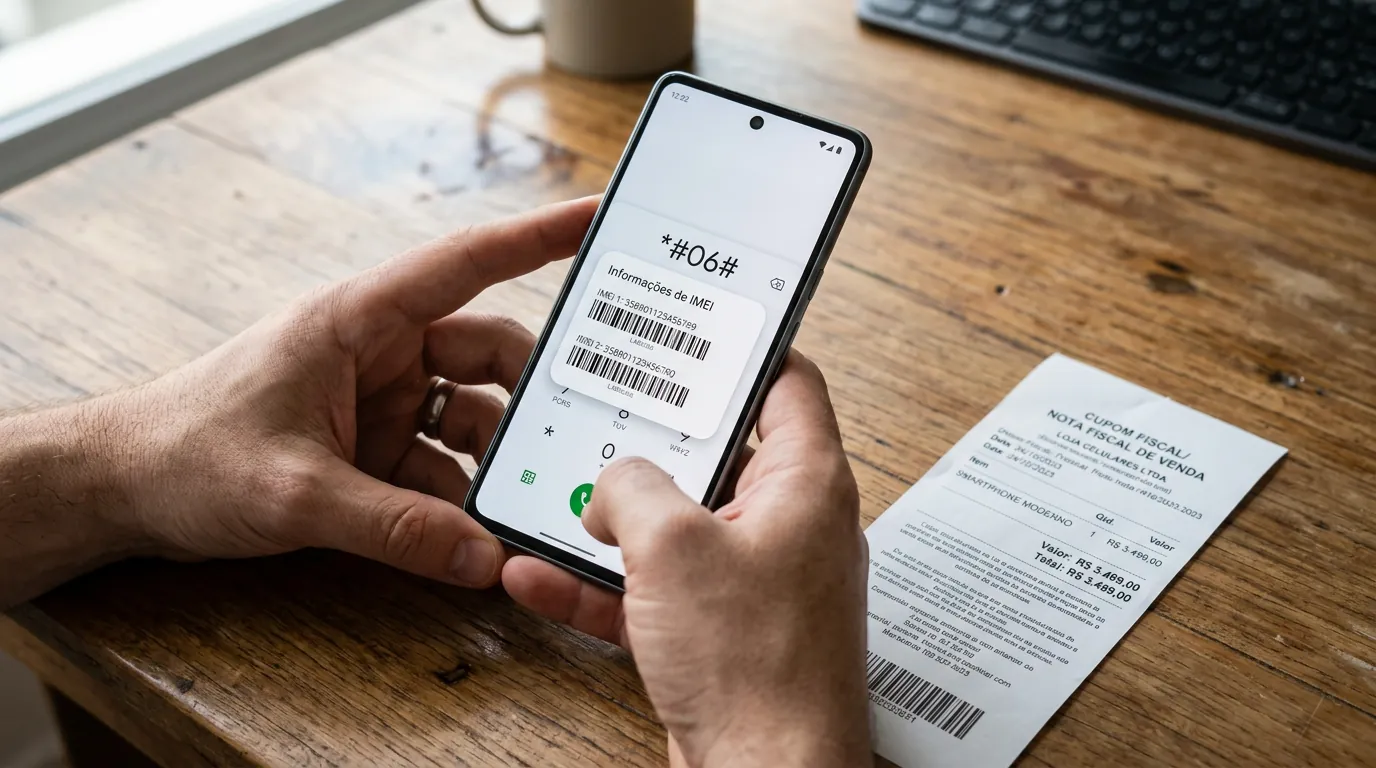 Pessoa consultando o código IMEI na tela do celular com *#06# antes de comprar