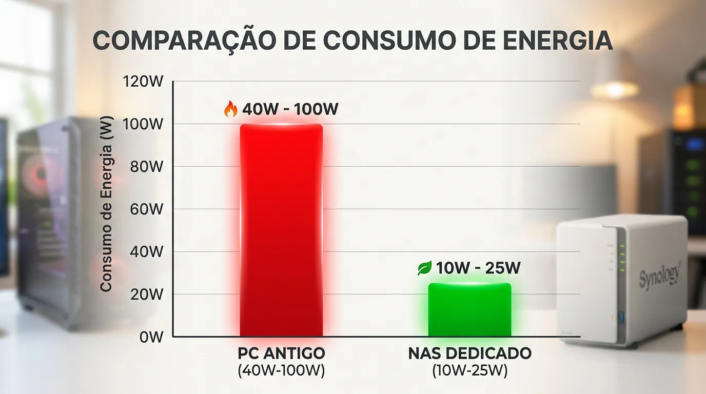 Gráfico de consumo de energia entre PC antigo e NAS dedicado