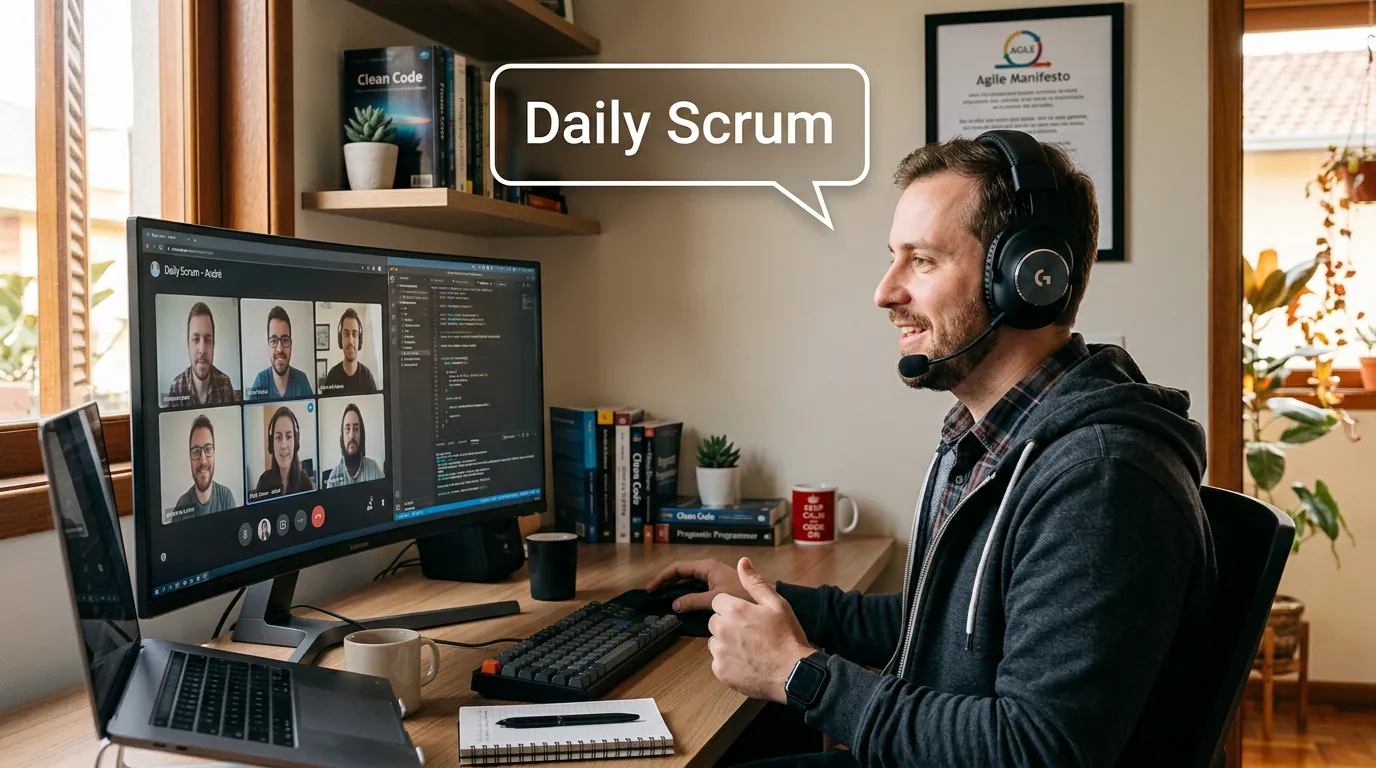 Desenvolvedor em reuniao daily scrum