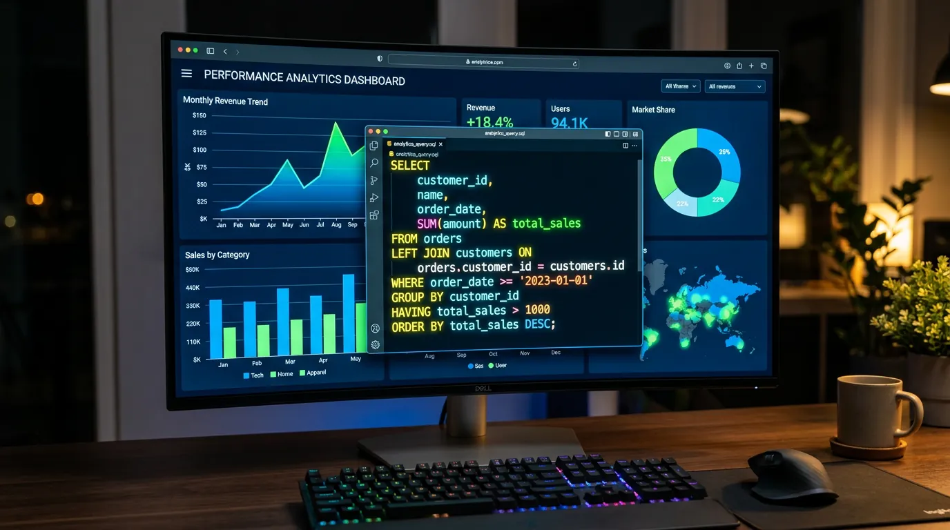 Tela de computador mostrando código SQL e gráficos de dados