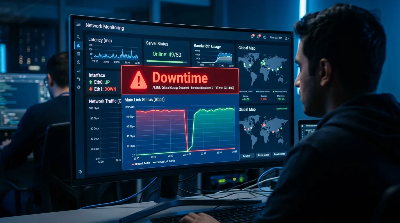 Dashboard de monitoramento de rede mostrando falha e ativação de link de backup