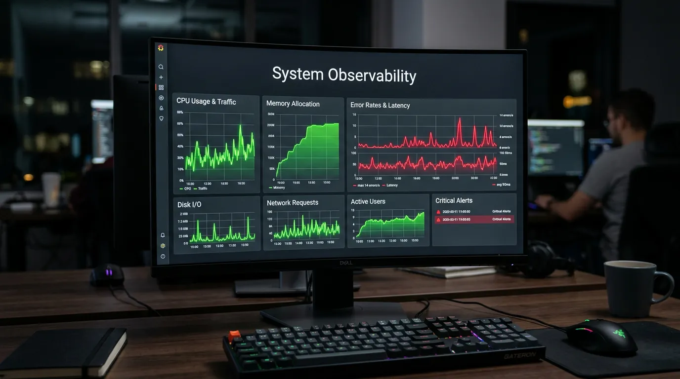 Painel de observabilidade de sistema com gráficos de performance
