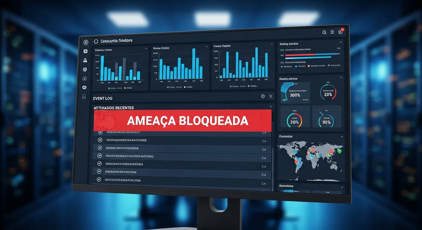 Painel de SIEM bloqueando ameaça cibernética