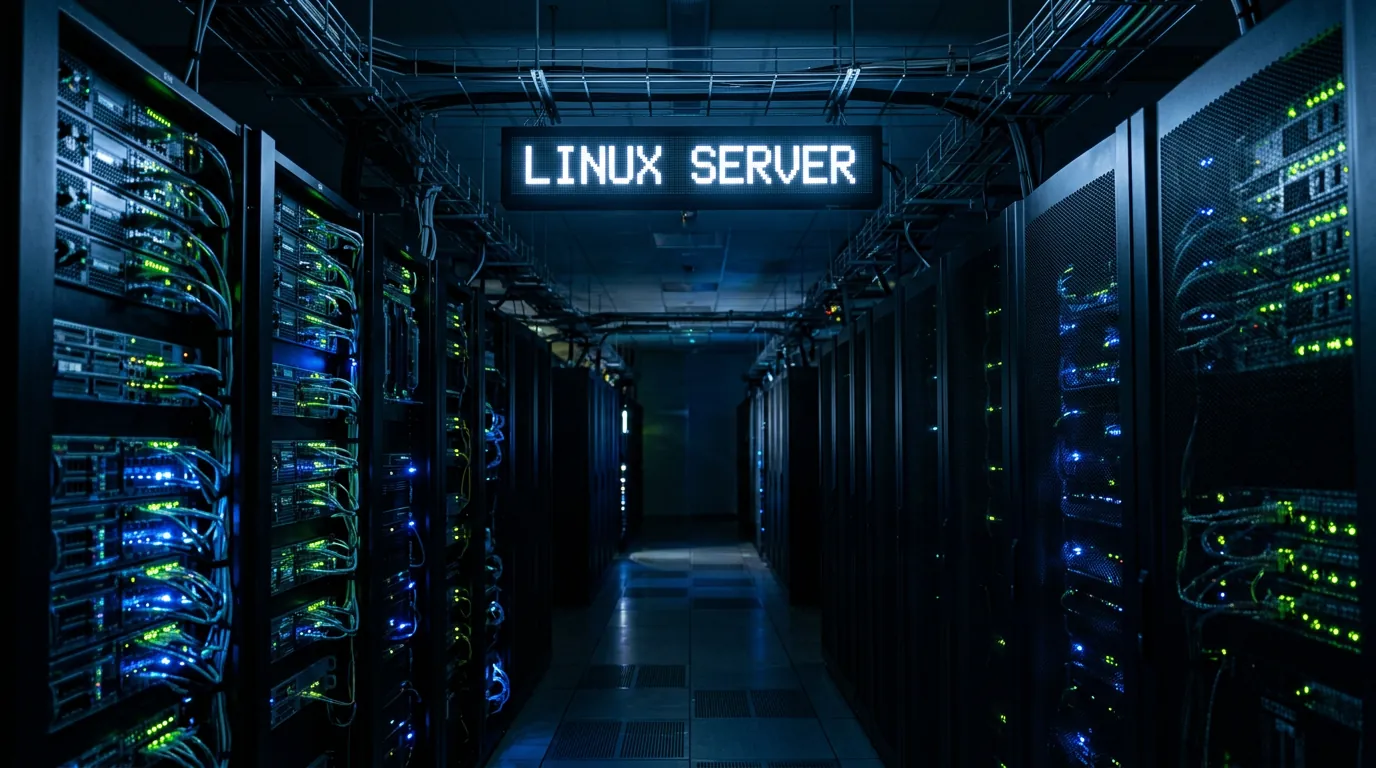 Corredor de data center rodando servidores Linux