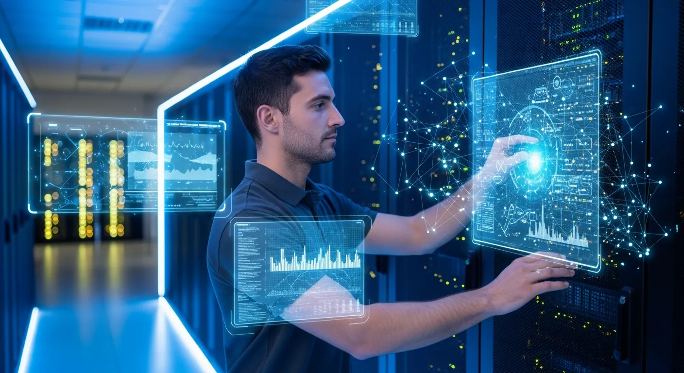 Profissional de TI trabalhando em um data center moderno