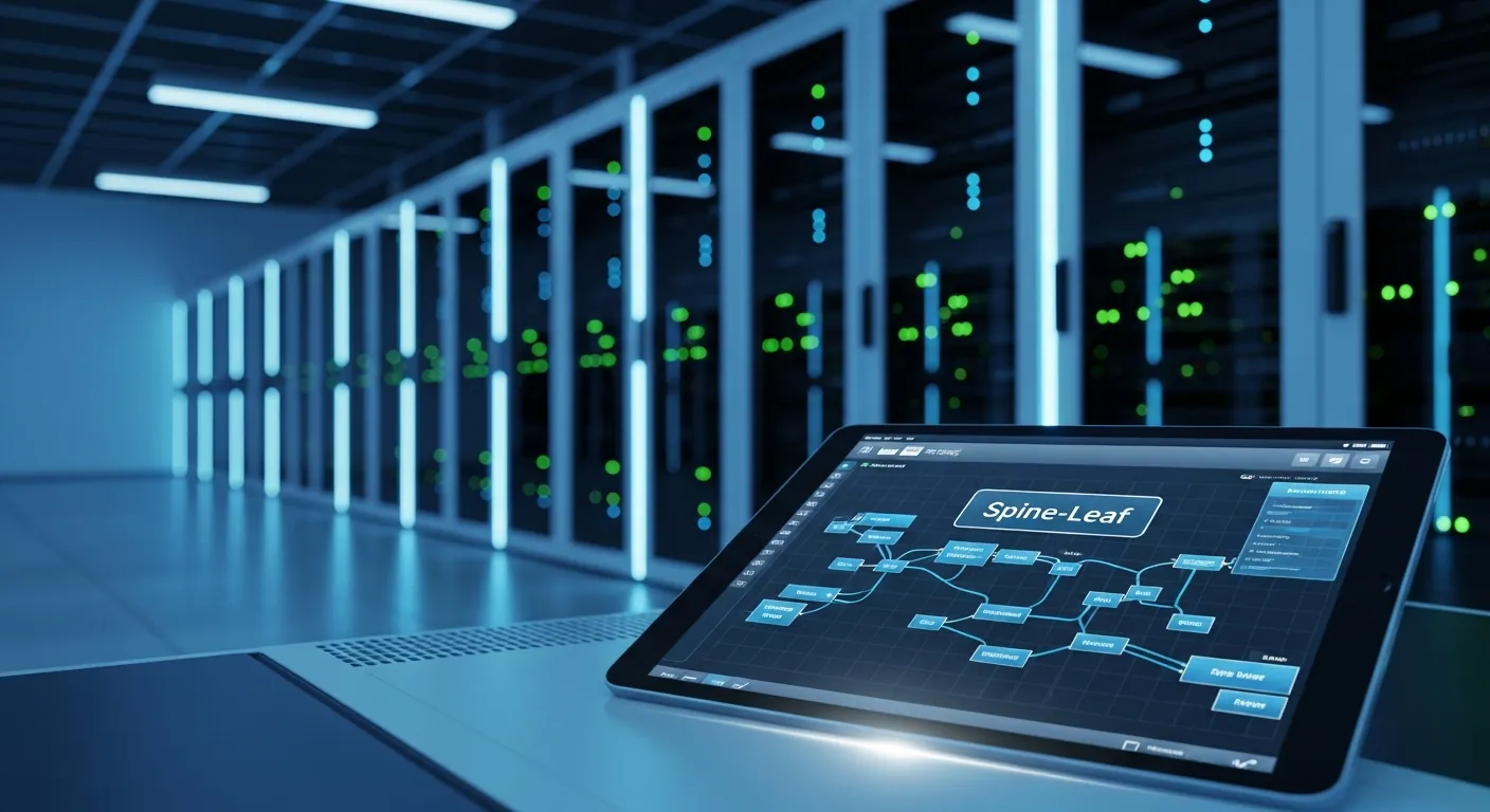 Data center com tablet mostrando arquitetura spine-leaf