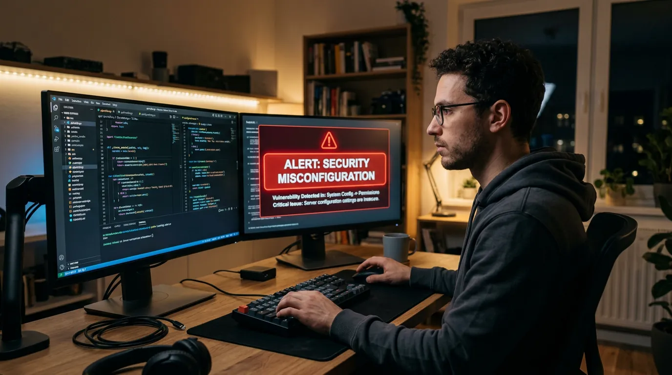 Desenvolvedor analisando vulnerabilidade de configuracao insegura