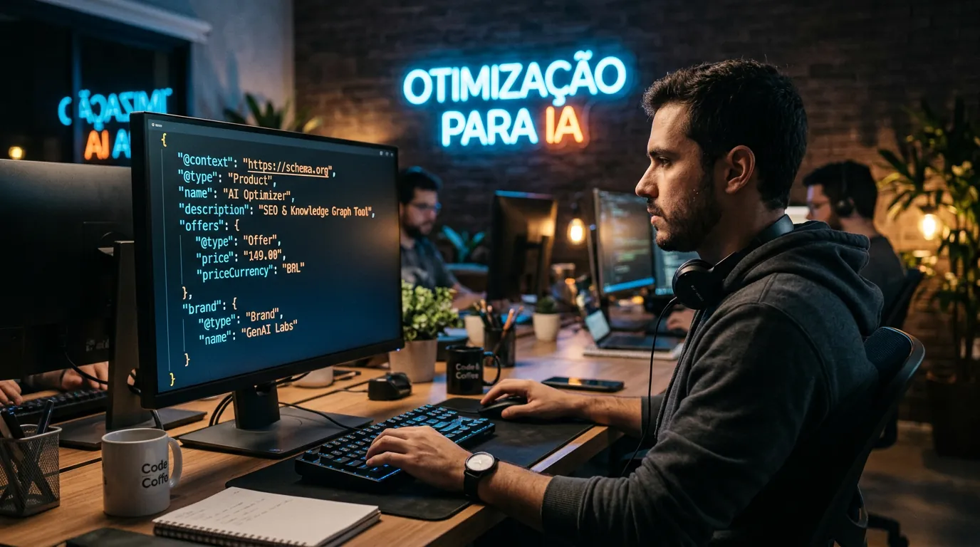 Tela com código JSON-LD e letreiro de otimização