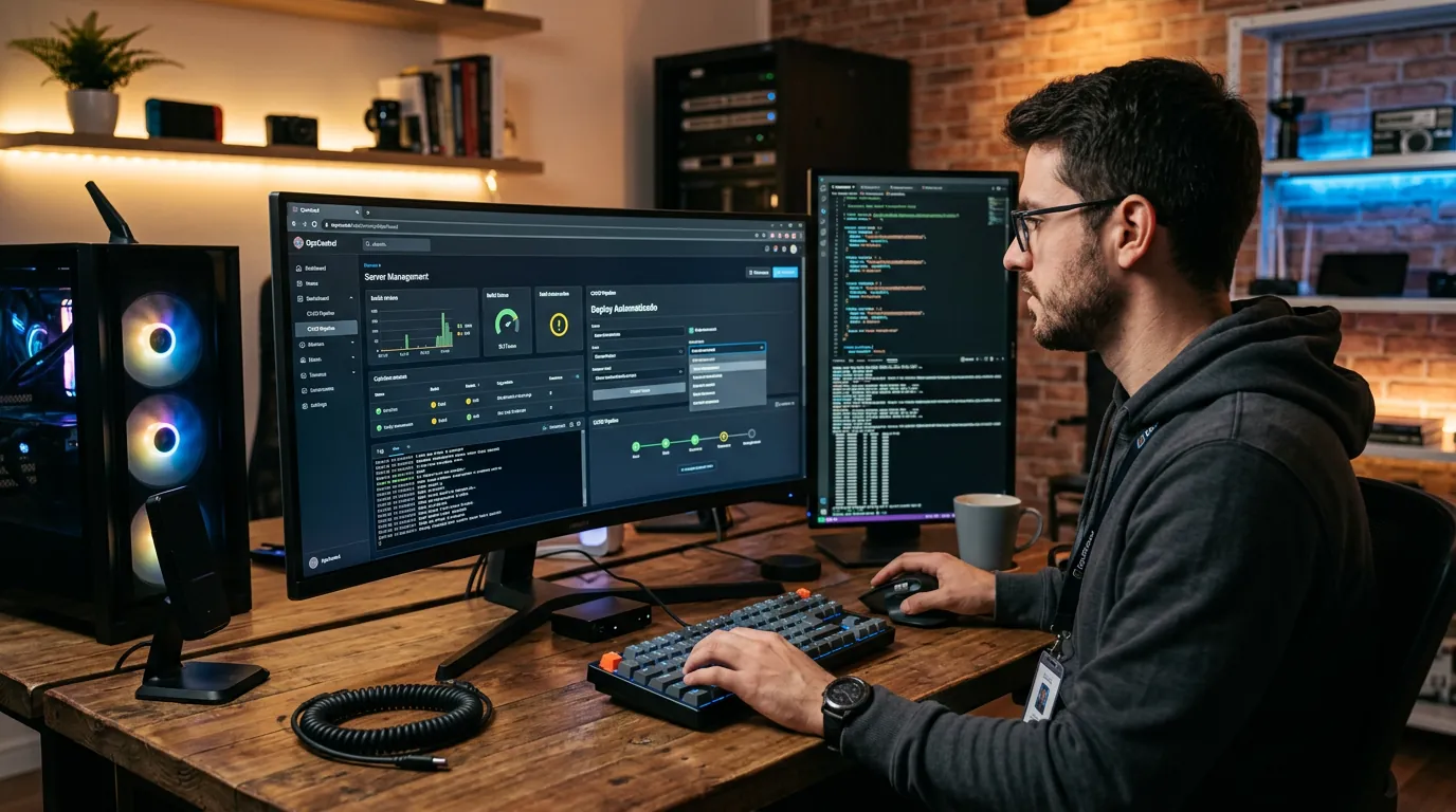 Desenvolvedor configurando deploy em painel moderno