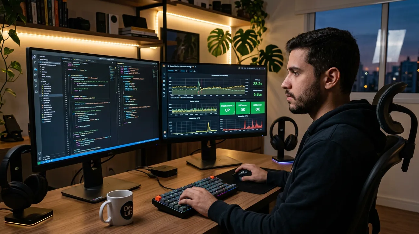 Desenvolvedor analisando logs e código em dois monitores