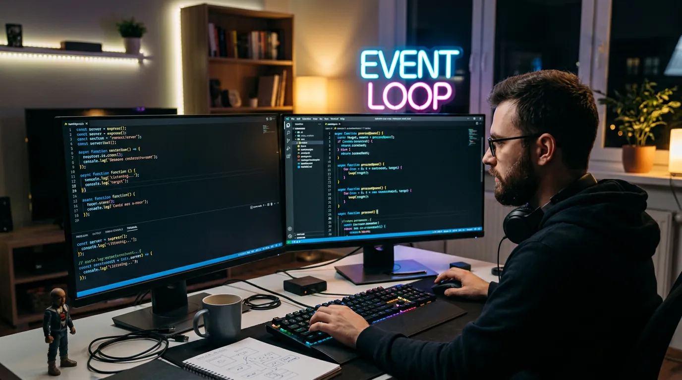 Desenvolvedor programando código assíncrono no Node.js