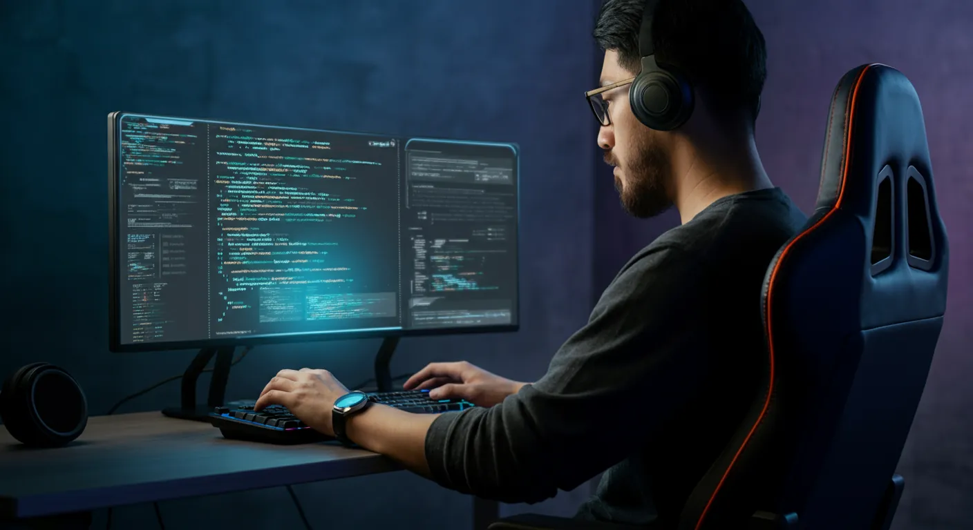 Desenvolvedor moderno utilizando IA em setup de alta performance