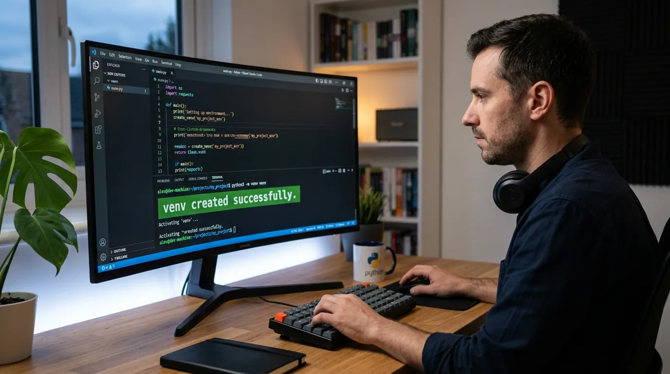 Desenvolvedor criando um ambiente virtual Python no terminal
