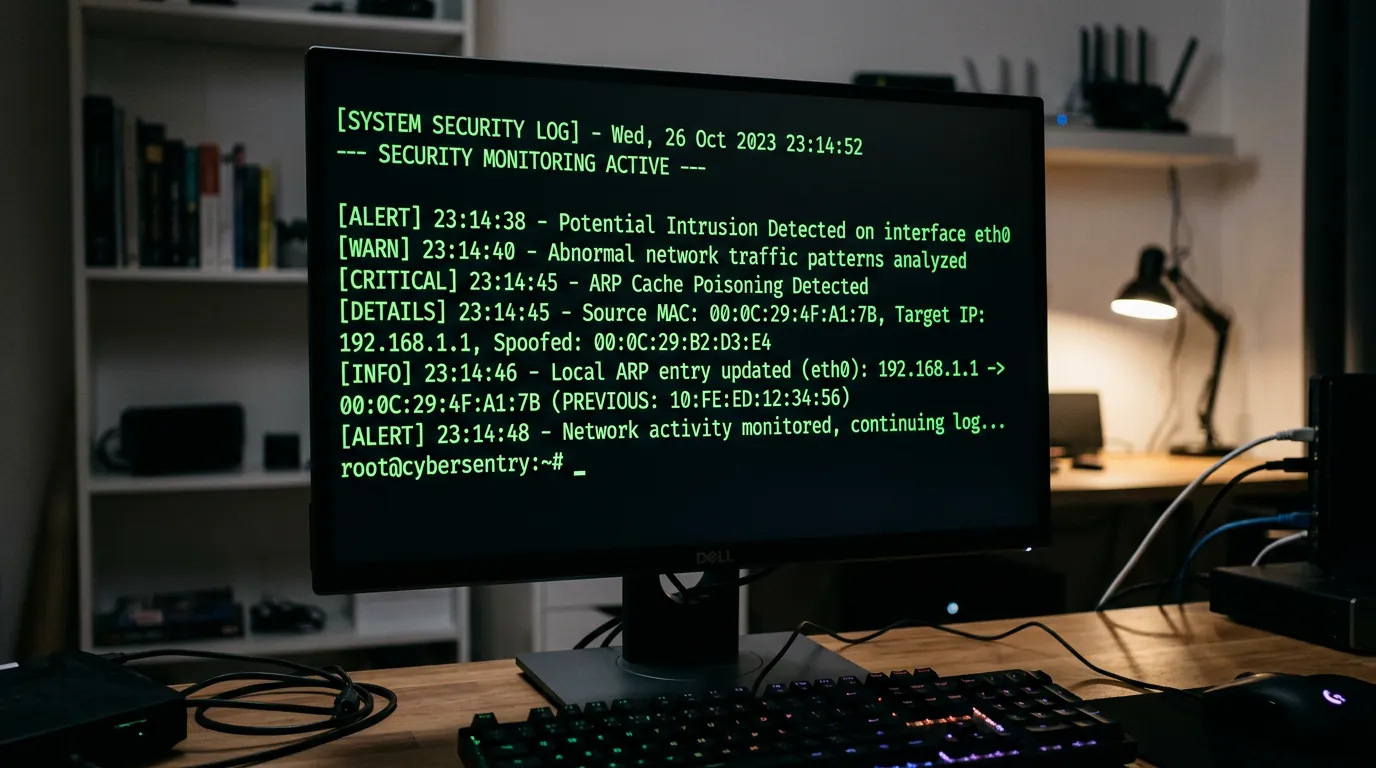 Tela de terminal mostrando detecção de envenenamento de cache ARP