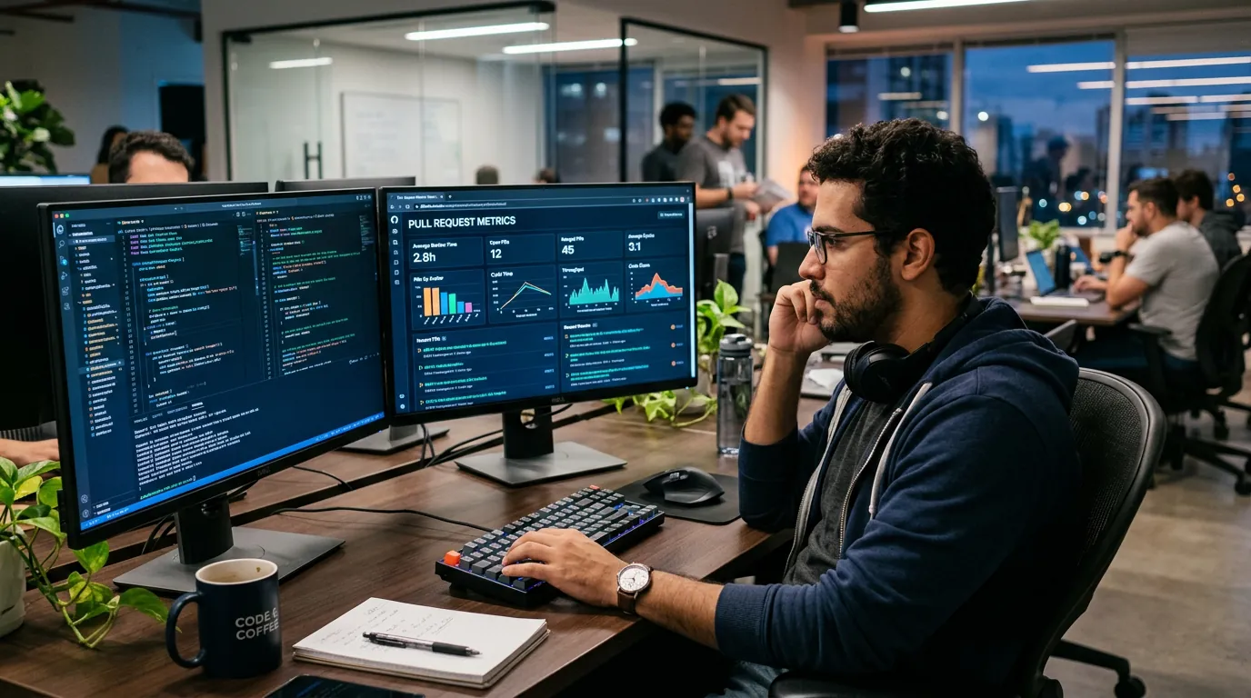 Programador analisando Pull Requests em monitores
