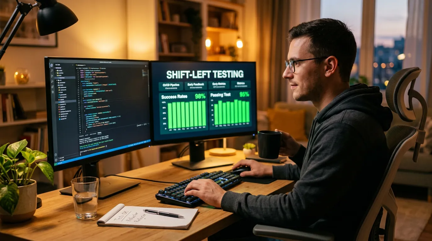 Desenvolvedor analisando testes unitários automatizados no monitor