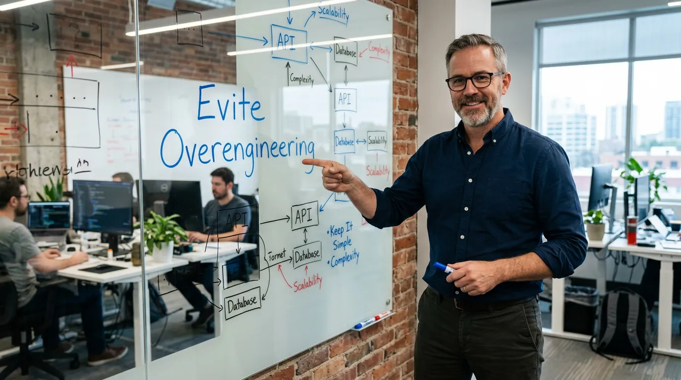Desenvolvedor explicando sobre overengineering em uma lousa