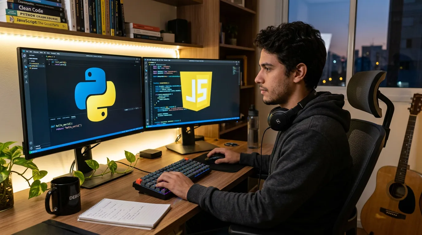 Desenvolvedor comparando Python e JavaScript