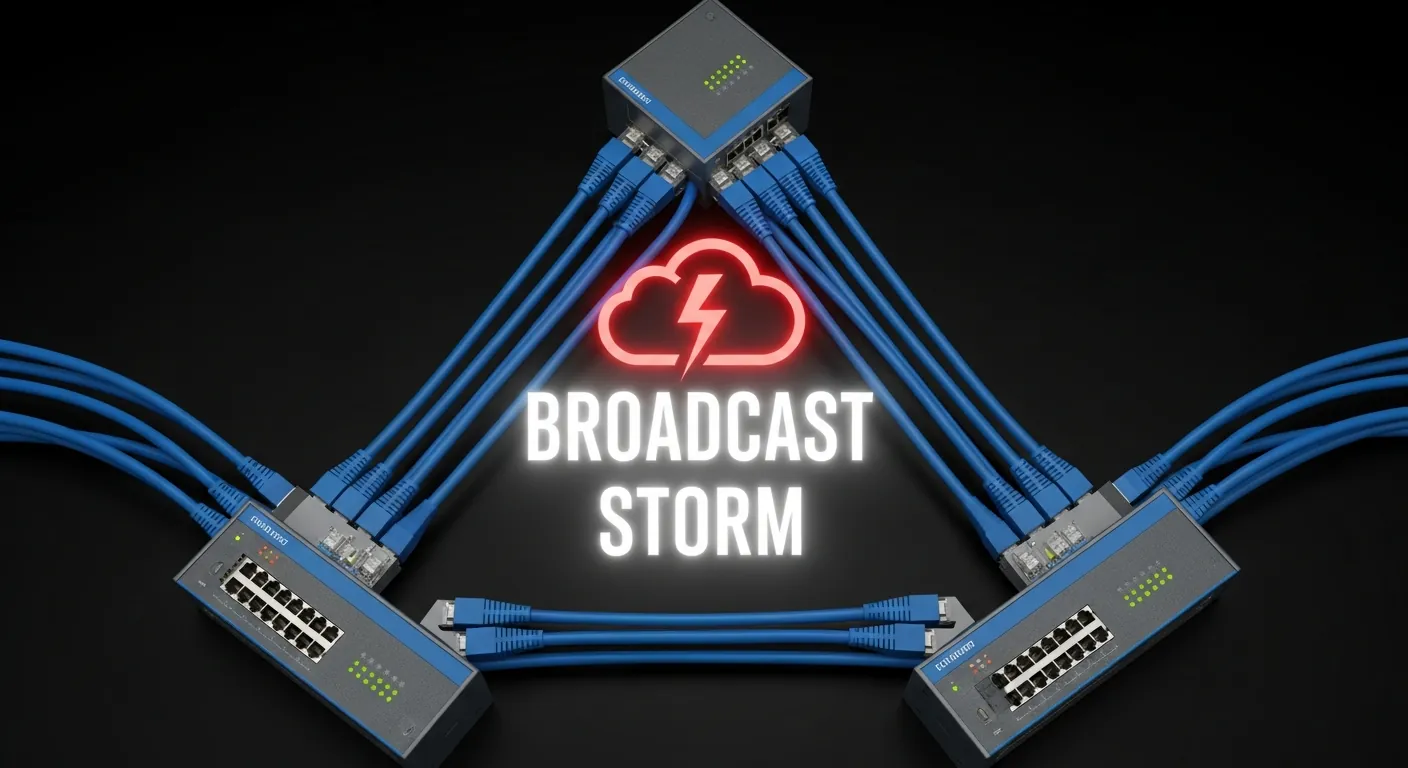 Diagrama de um loop de rede e tempestade de broadcast