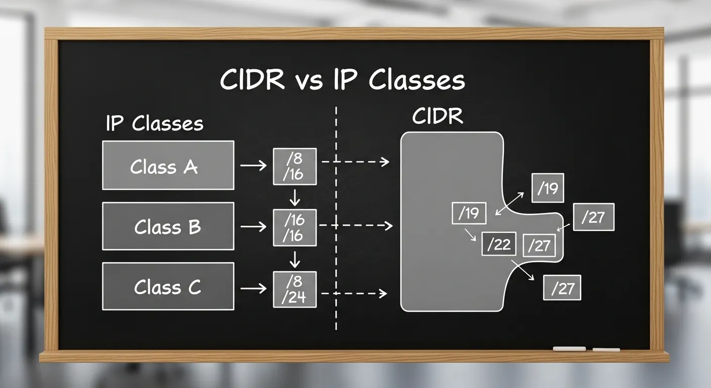 Diagrama ilustrando a diferença entre roteamento com classe e CIDR