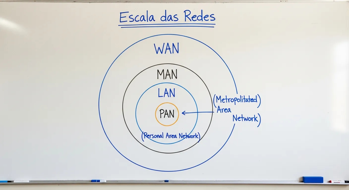 Diagrama comparativo de escopo das redes PAN, LAN, MAN e WAN