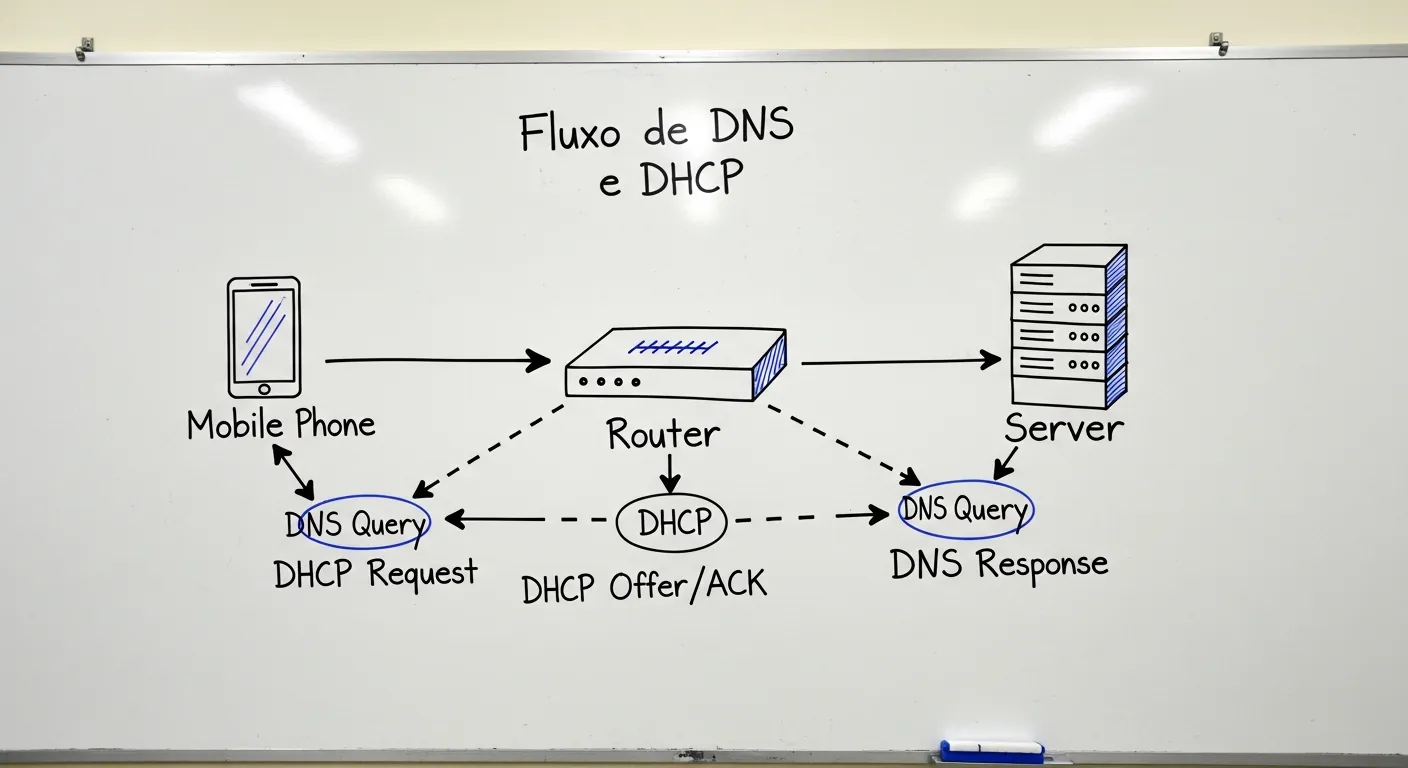 Diagrama de rede mostrando fluxo de DNS e DHCP