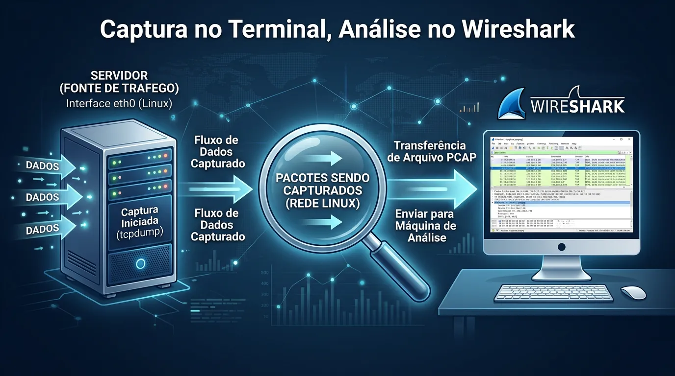 Fluxo de captura com tcpdump e análise no Wireshark