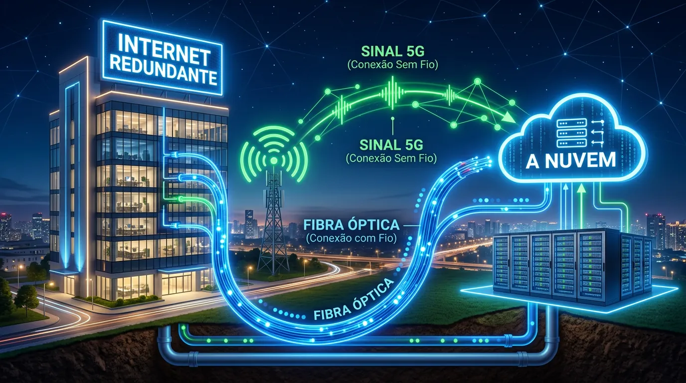 Diagrama ilustrando o conceito de internet redundante com fibra óptica e 5G