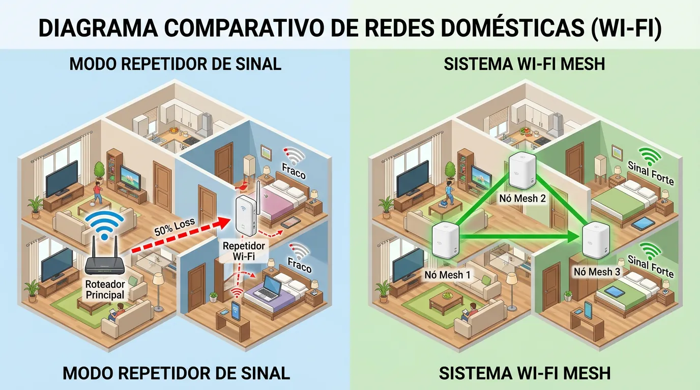 Comparativo topologia Mesh vs Repetidor