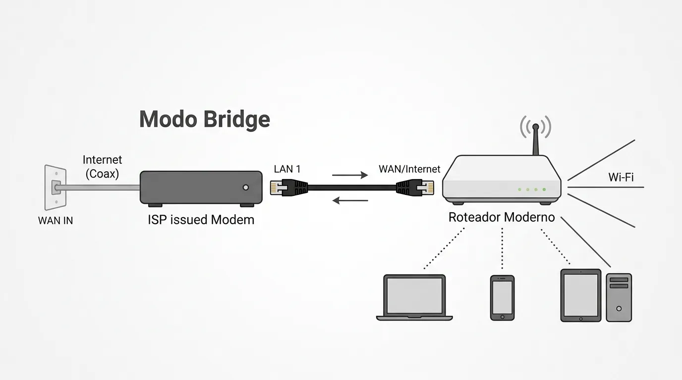 Diagrama de rede mostrando conexão entre modem em bridge e roteador