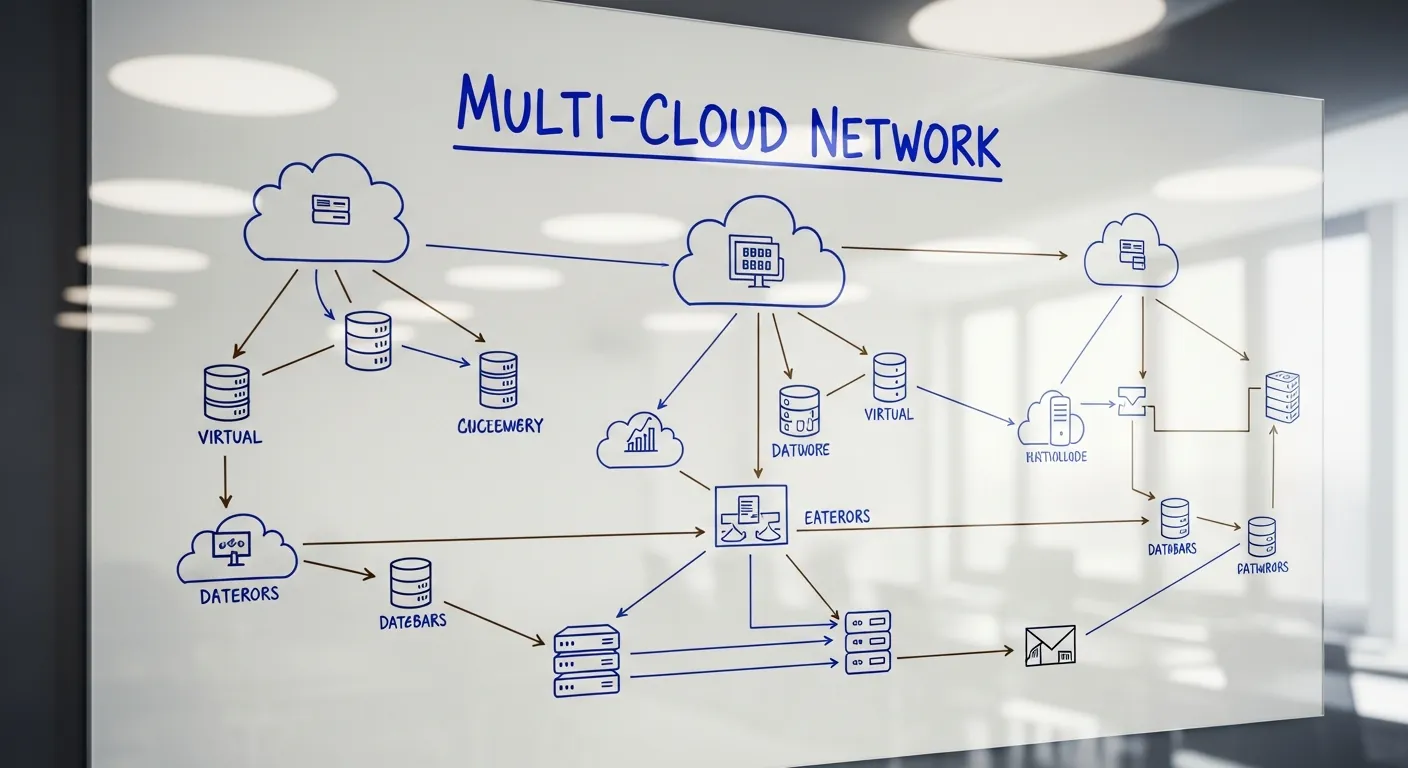 Lousa com diagrama de rede multi-cloud