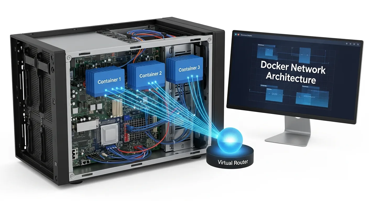 Diagrama arquitetural de rede bridge do Docker conectando containers
