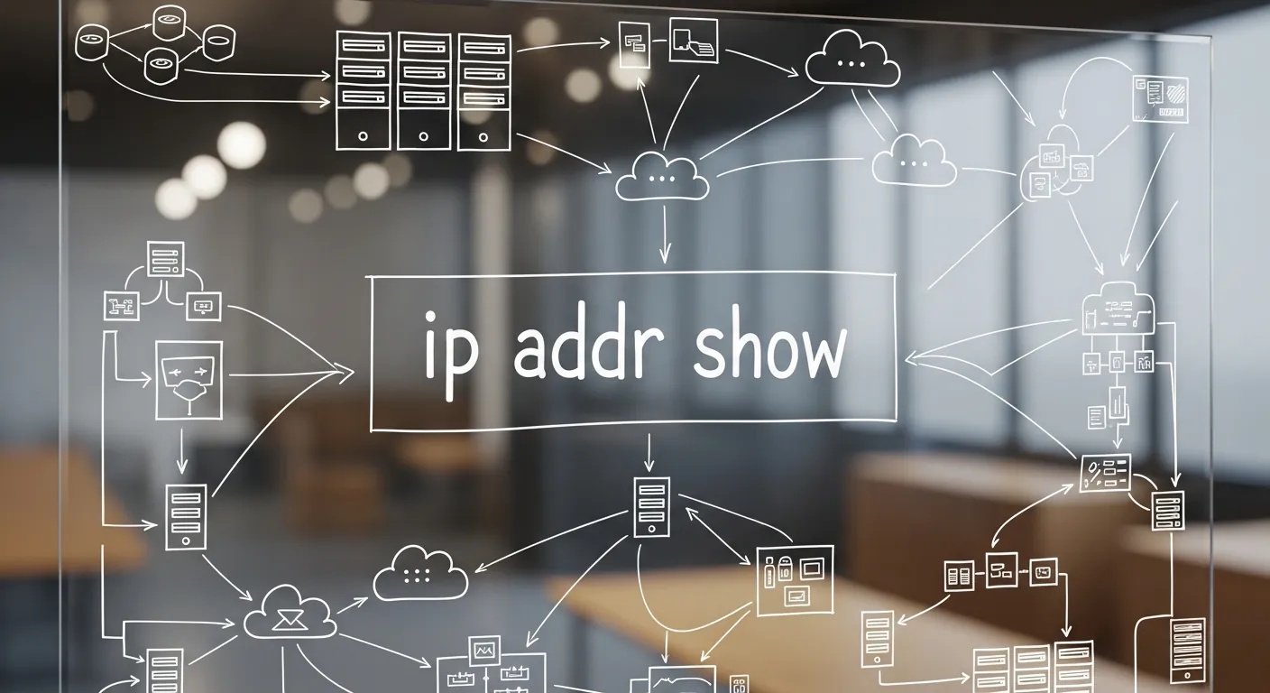 Lousa com diagrama de rede e comando ip addr