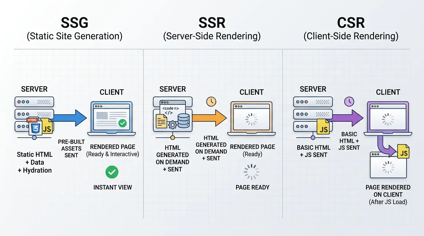 Diagrama de arquitetura SSR vs CSR vs SSG