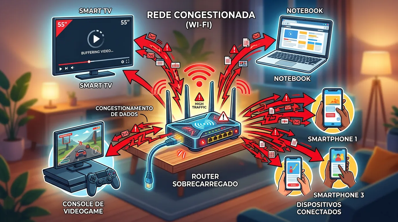 Diagrama de roteador sobrecarregado com múltiplos dispositivos