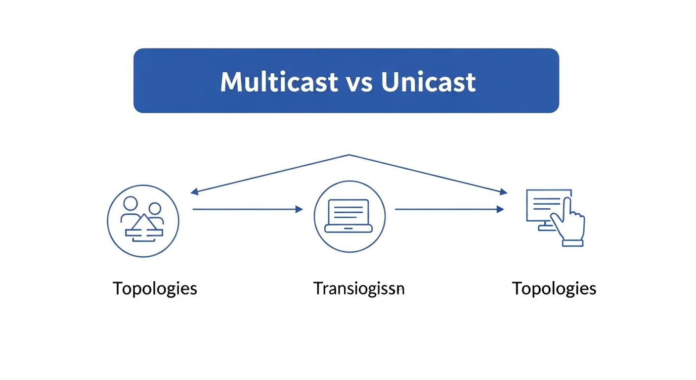 Diagrama comparativo entre Unicast, Broadcast e Multicast