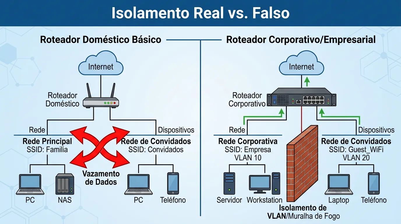 Diagrama mostrando a diferença entre o isolamento falso de roteadores básicos e o isolamento real com VLANs