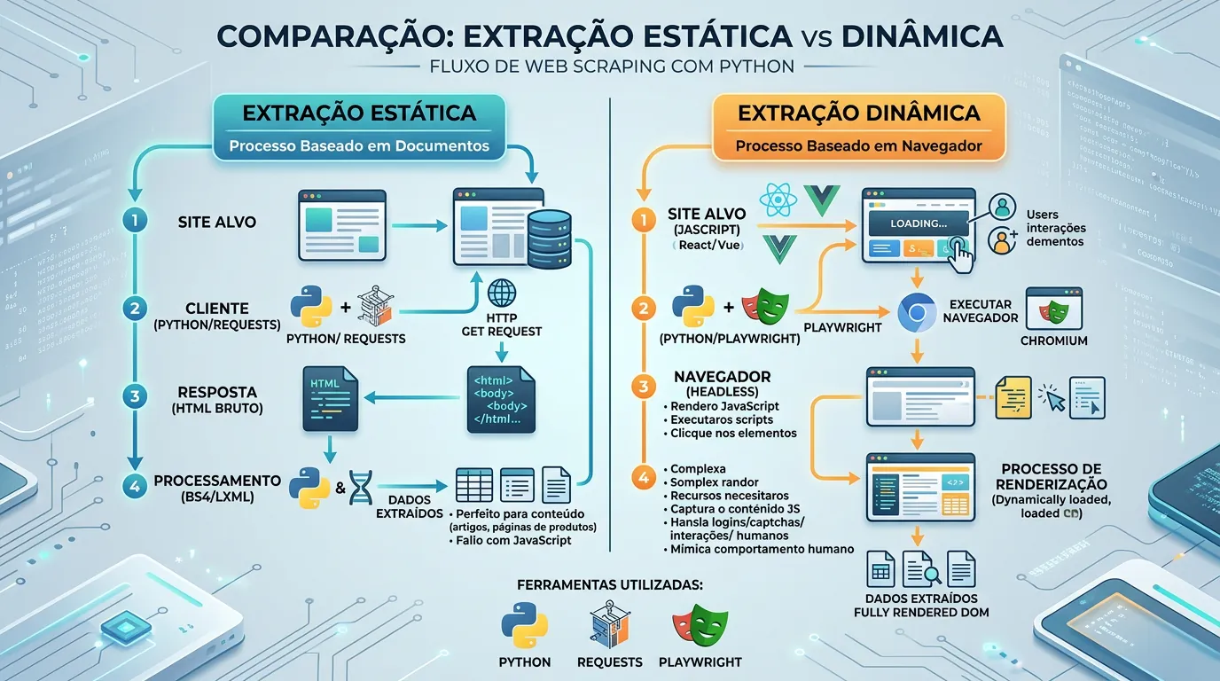 Diagrama comparativo de web scraping estático e dinâmico