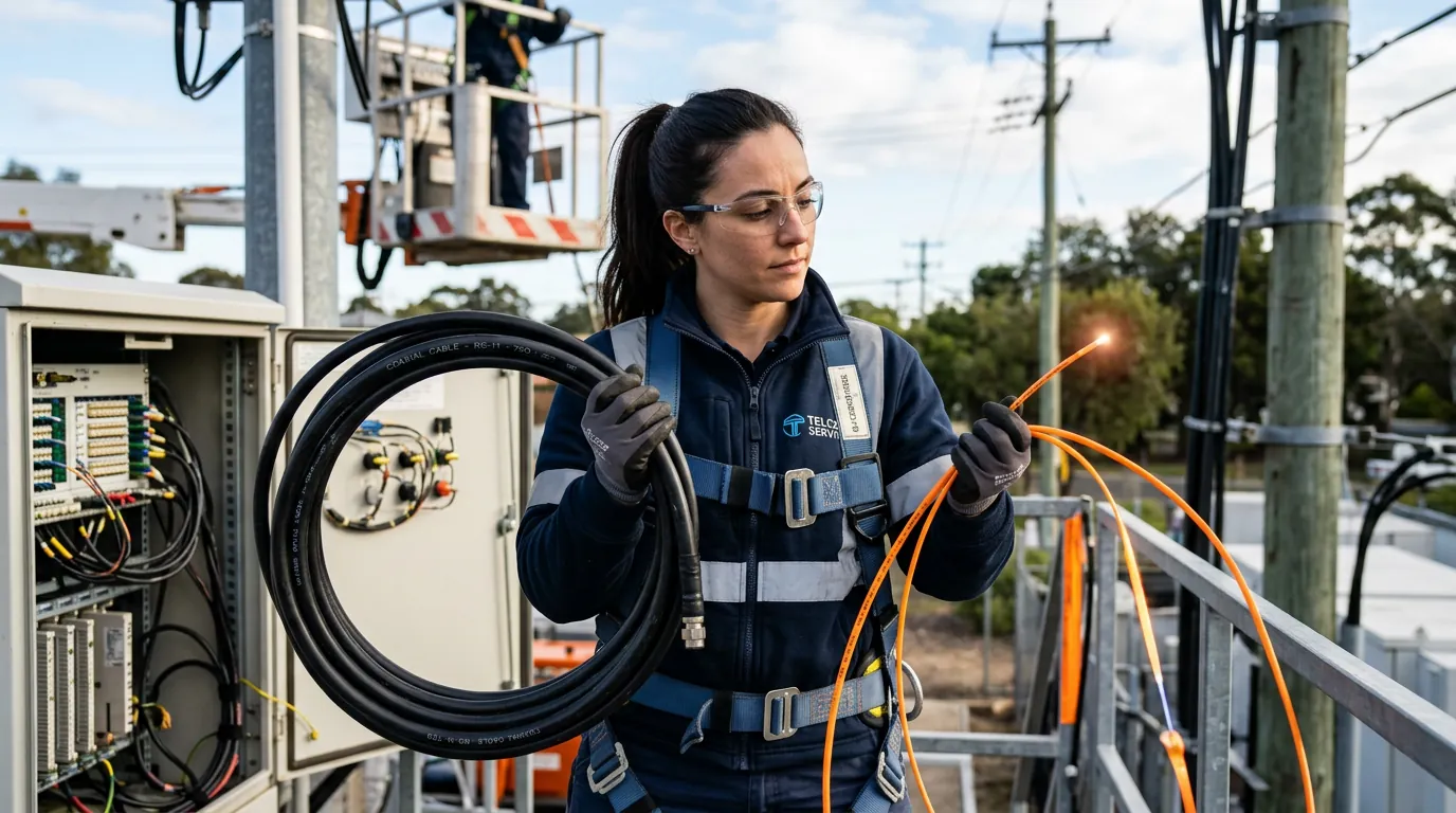 Técnico comparando cabo coaxial e fibra óptica
