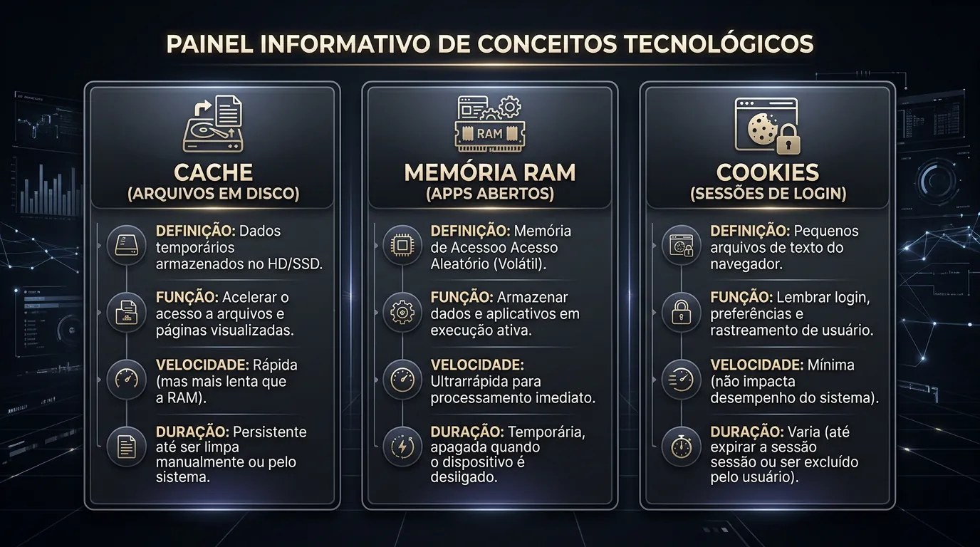 Diferença técnica entre Cache, Memória RAM e Cookies no smartphone