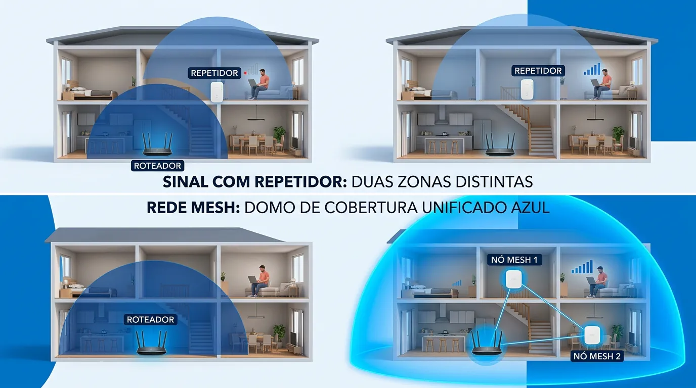 Comparativo visual entre repetidor e rede mesh