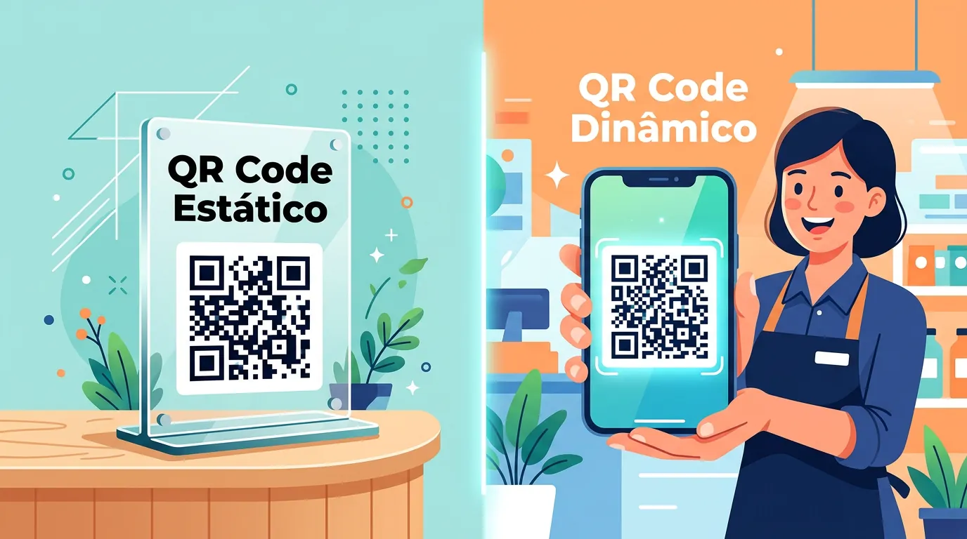 Comparação visual entre placa de QR Code Pix estático no balcão e QR Code dinâmico na tela do celular